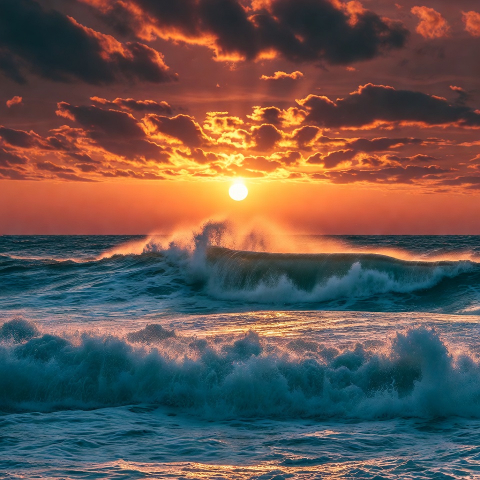 Dramatic Sunset Over Crashing Ocean Waves Dramatic Sunset Over Crashing Ocean Waves