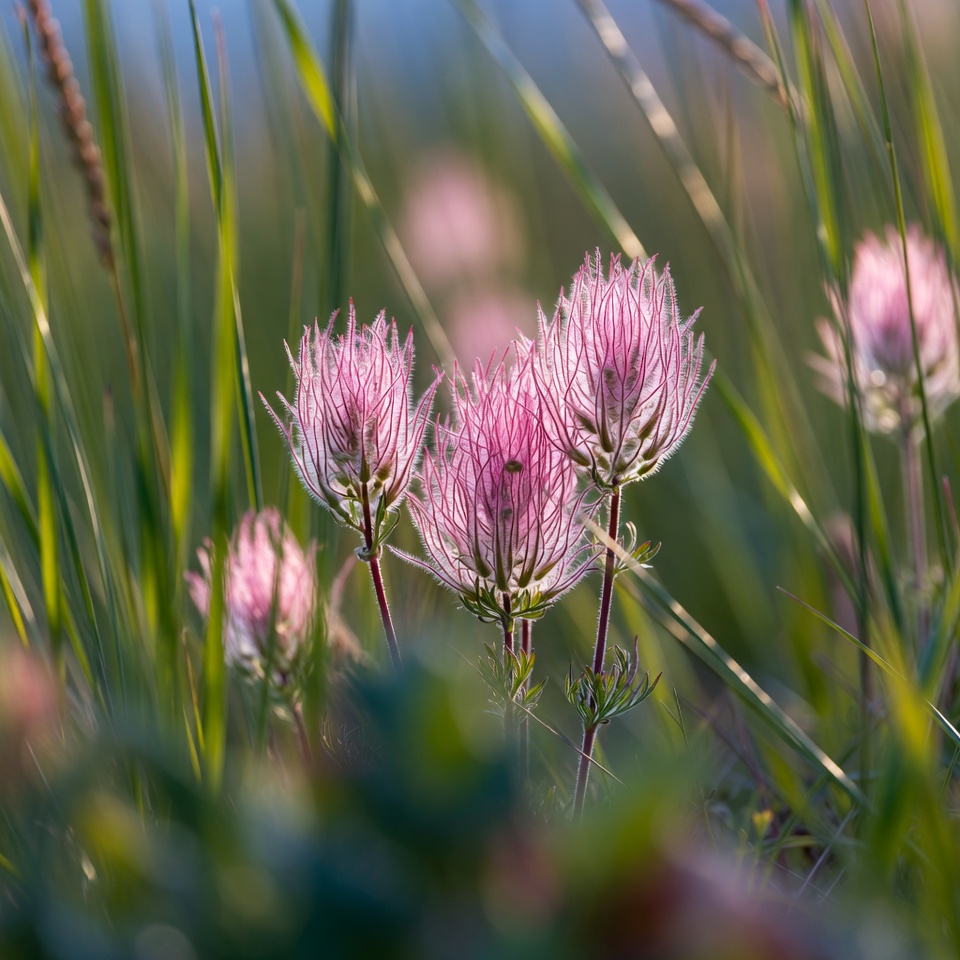Pink Pincushion Flowers in Grass Pink Pincushion Flowers in Grass