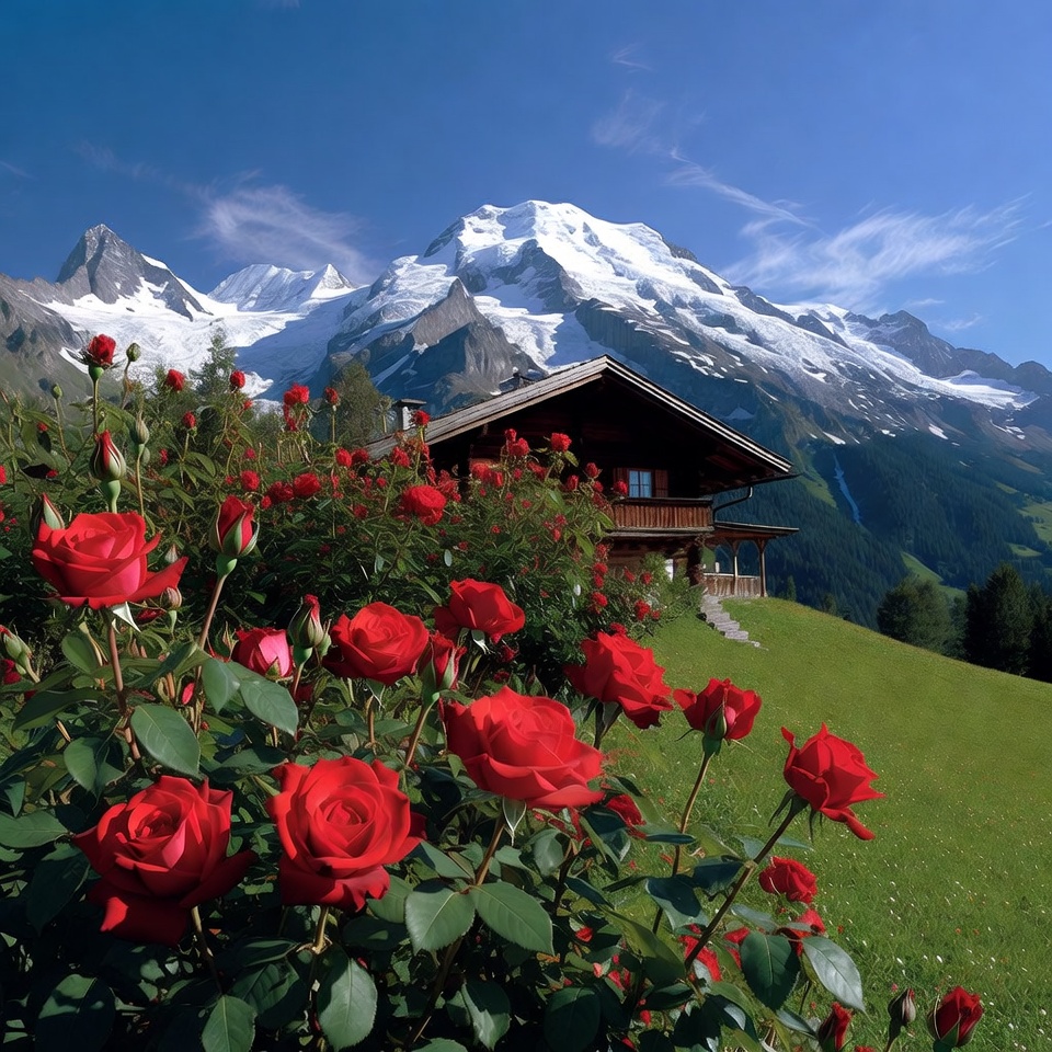 Red Roses by Chalet with Snowy Mountains Red Roses by Chalet with Snowy Mountains