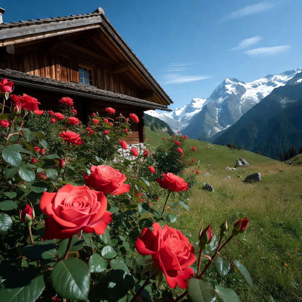 Chalet with red roses and mountains Chalet with red roses and mountains