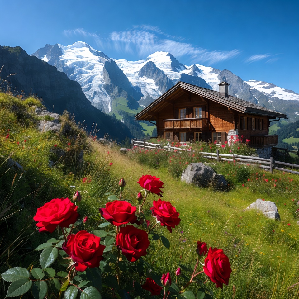 Chalet with red roses and snowy mountains Chalet with red roses and snowy mountains