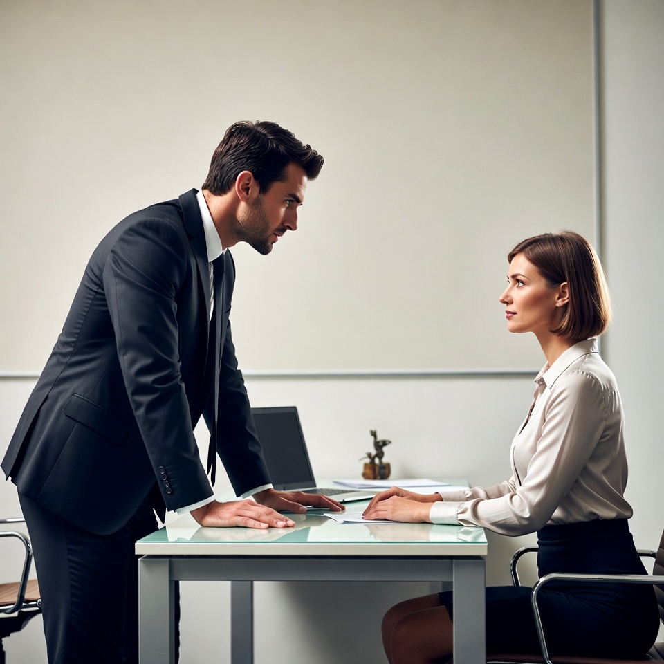 Man leaning over woman at office desk Man leaning over woman at office desk