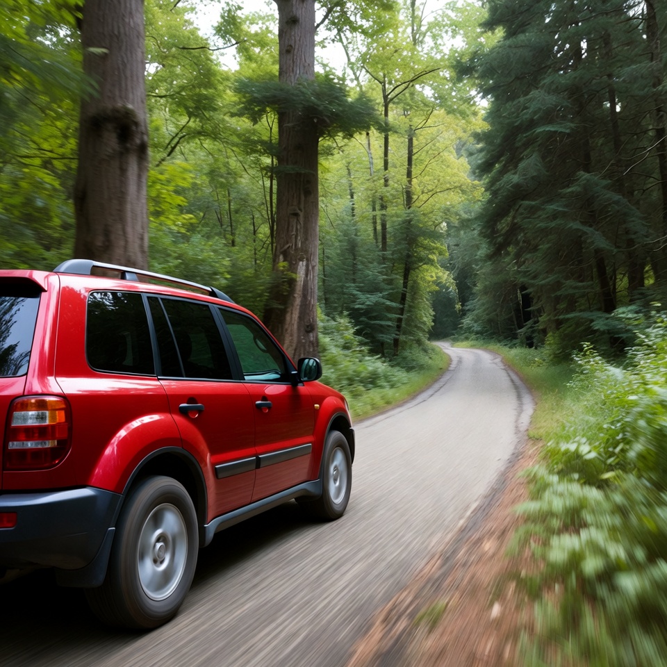 Red SUV driving forest road Red SUV driving forest road