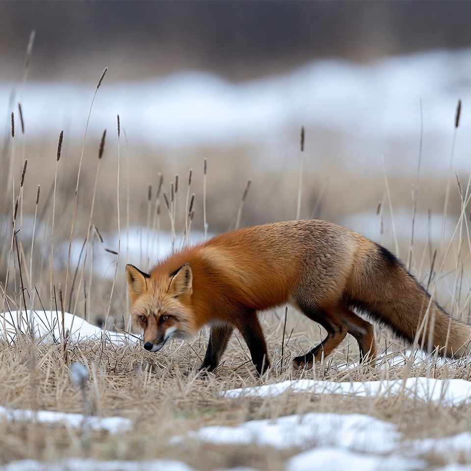 Red fox walking in snowy grass Red fox walking in snowy grass