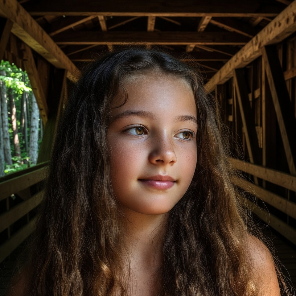 Girl smiling in wooden covered bridge Girl smiling in wooden covered bridge