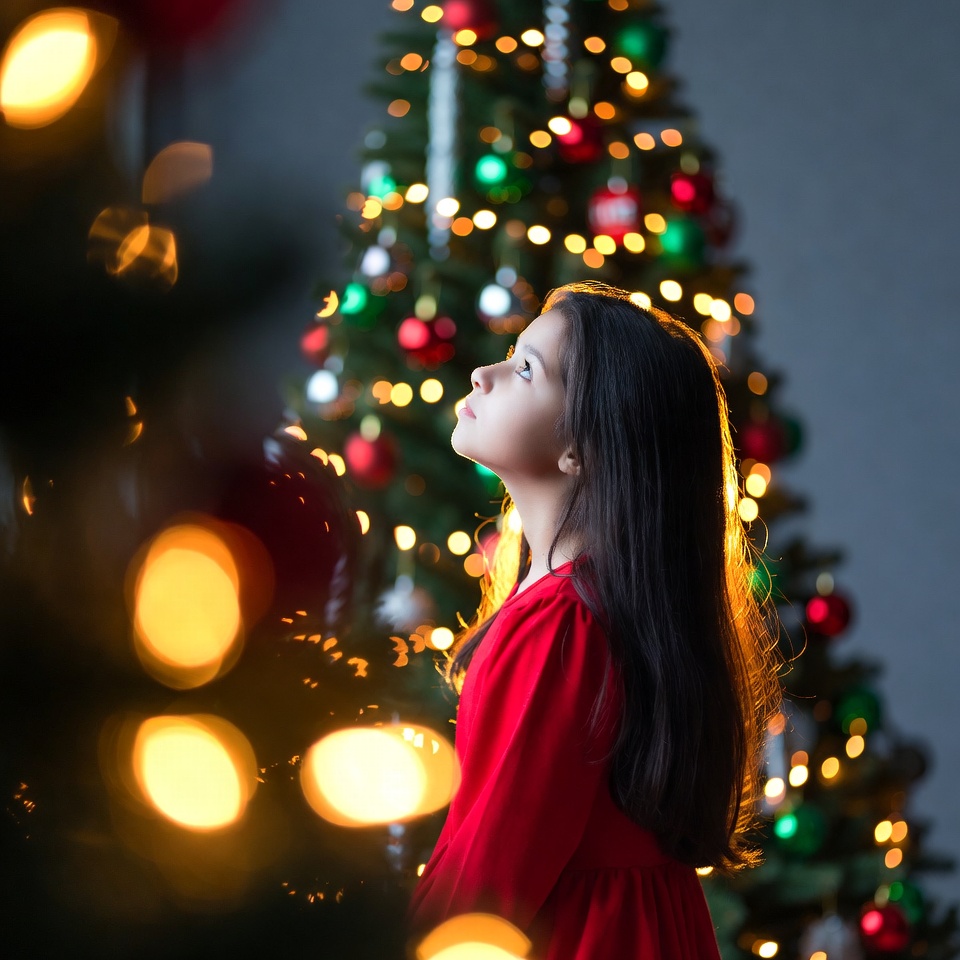 Girl looking up at Christmas tree Girl looking up at Christmas tree