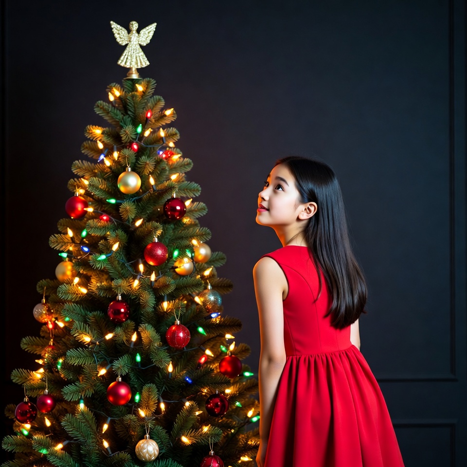Asian girl looking at Christmas tree Asian girl looking at Christmas tree