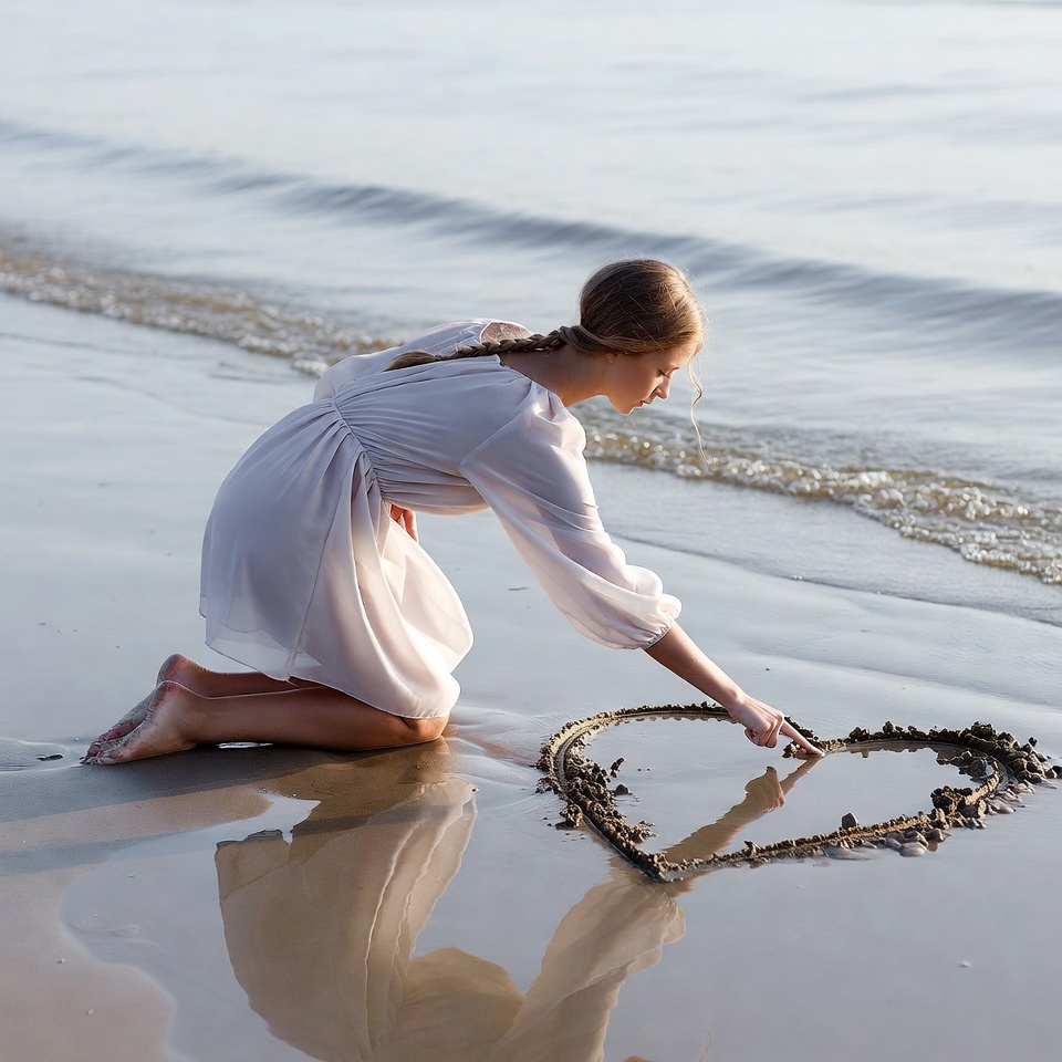 Woman drawing heart in beach sand Woman drawing heart in beach sand