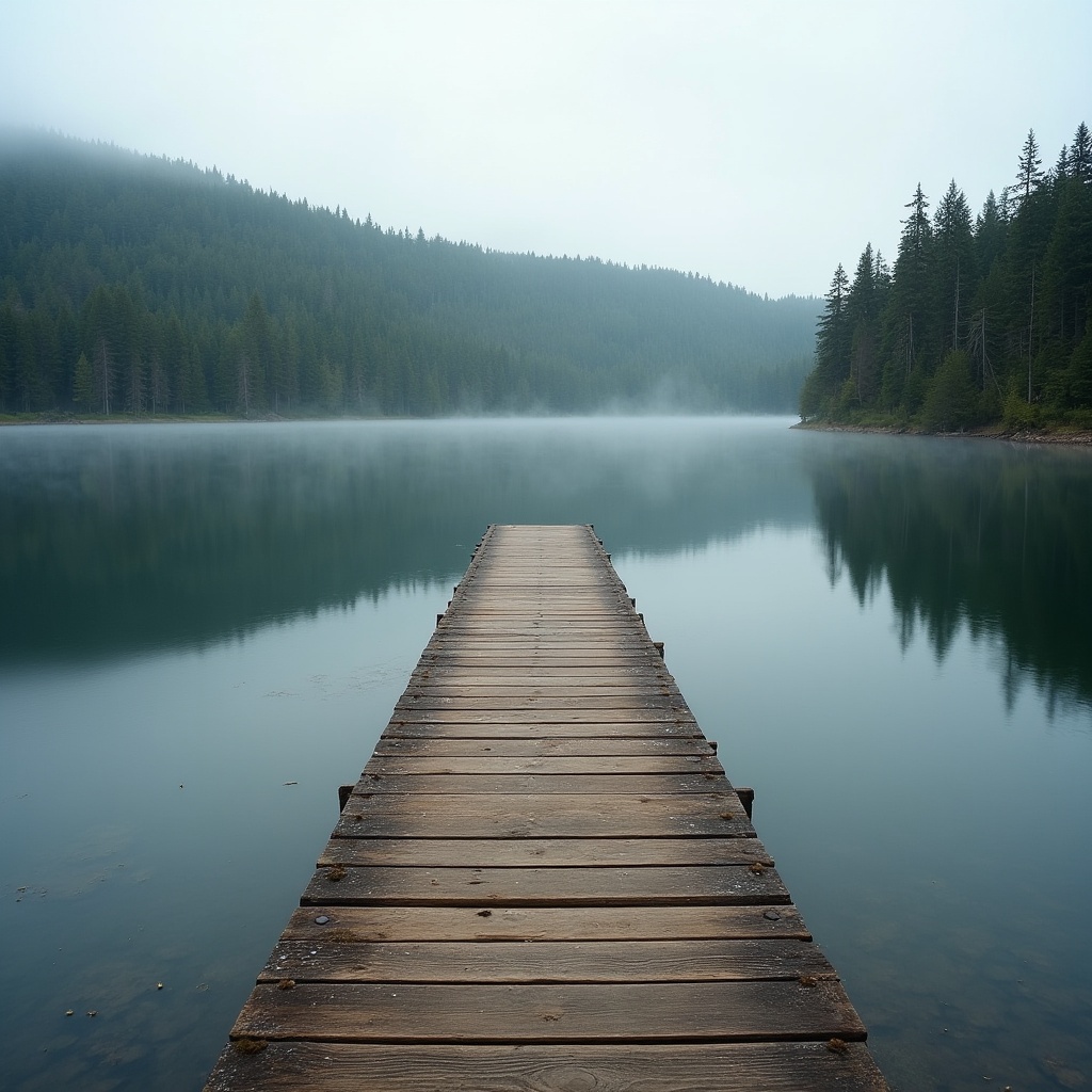 Wooden Pier into Misty Lake Wooden Pier into Misty Lake
