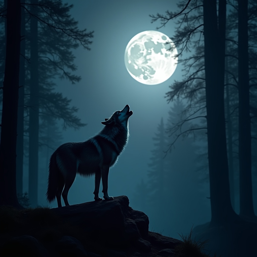Wolf howling at moon in forest Wolf howling at moon in forest