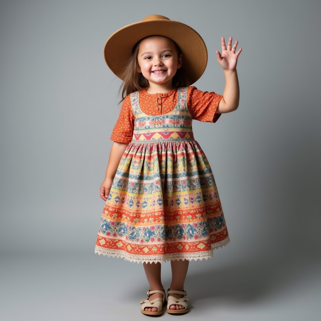 Girl waving in wide-brim hat Girl waving in wide-brim hat