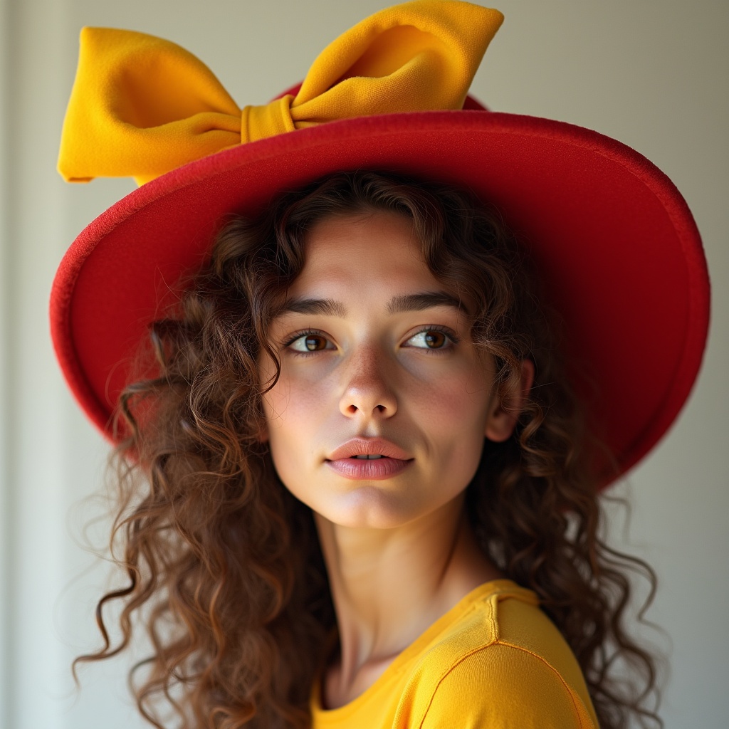 Woman in red hat with yellow bow Woman in red hat with yellow bow