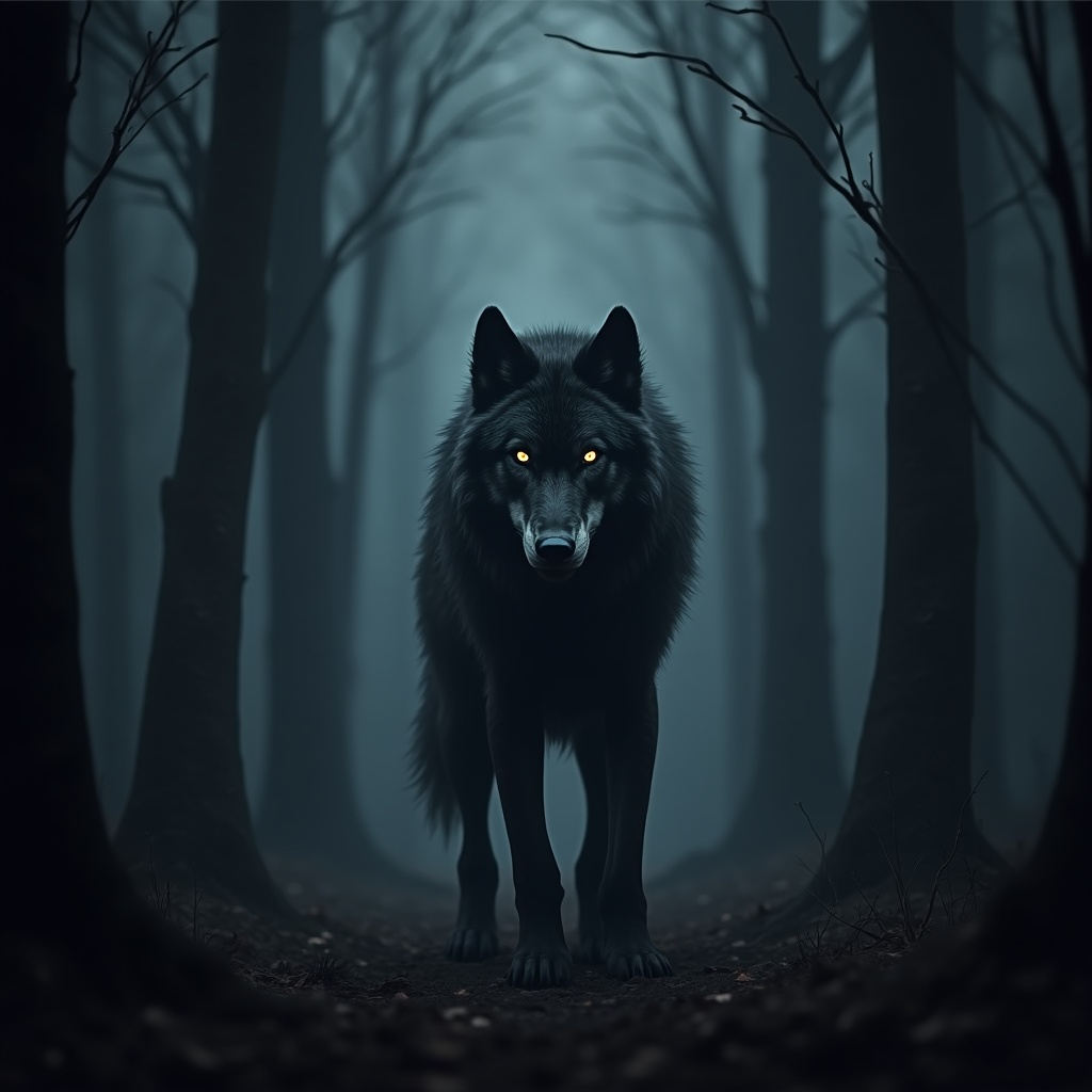 Black wolf in misty forest Black wolf in misty forest