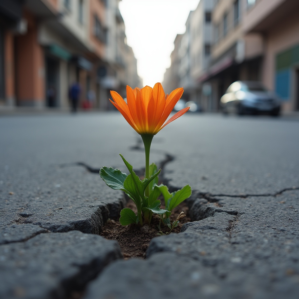 Orange flower growing through sidewalk crack Orange flower growing through sidewalk crack