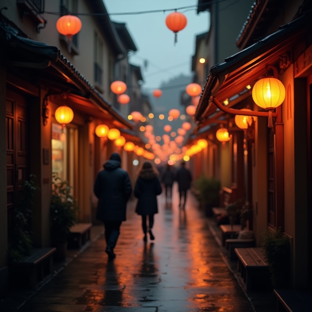 Rainy Japanese Street with Red Lanterns Rainy Japanese Street with Red Lanterns