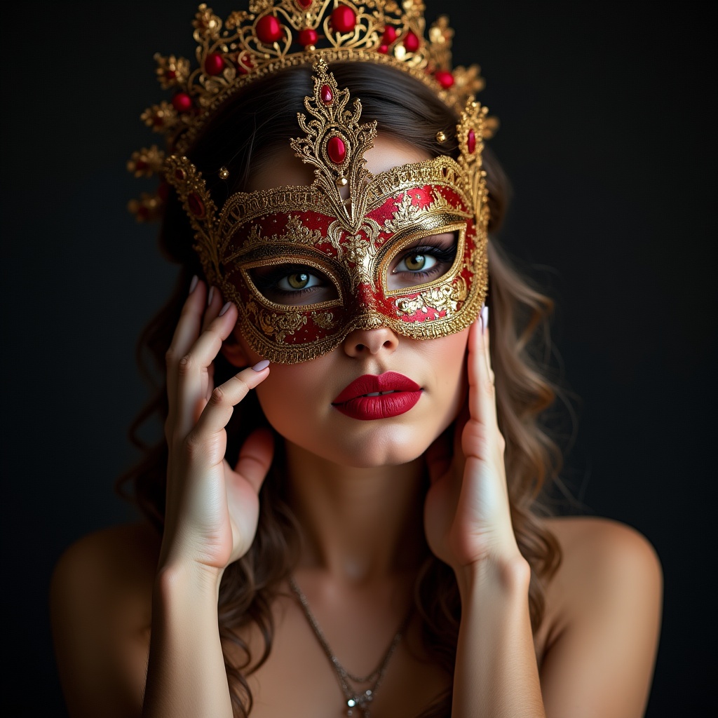 Woman in gold crown and red mask Woman in gold crown and red mask