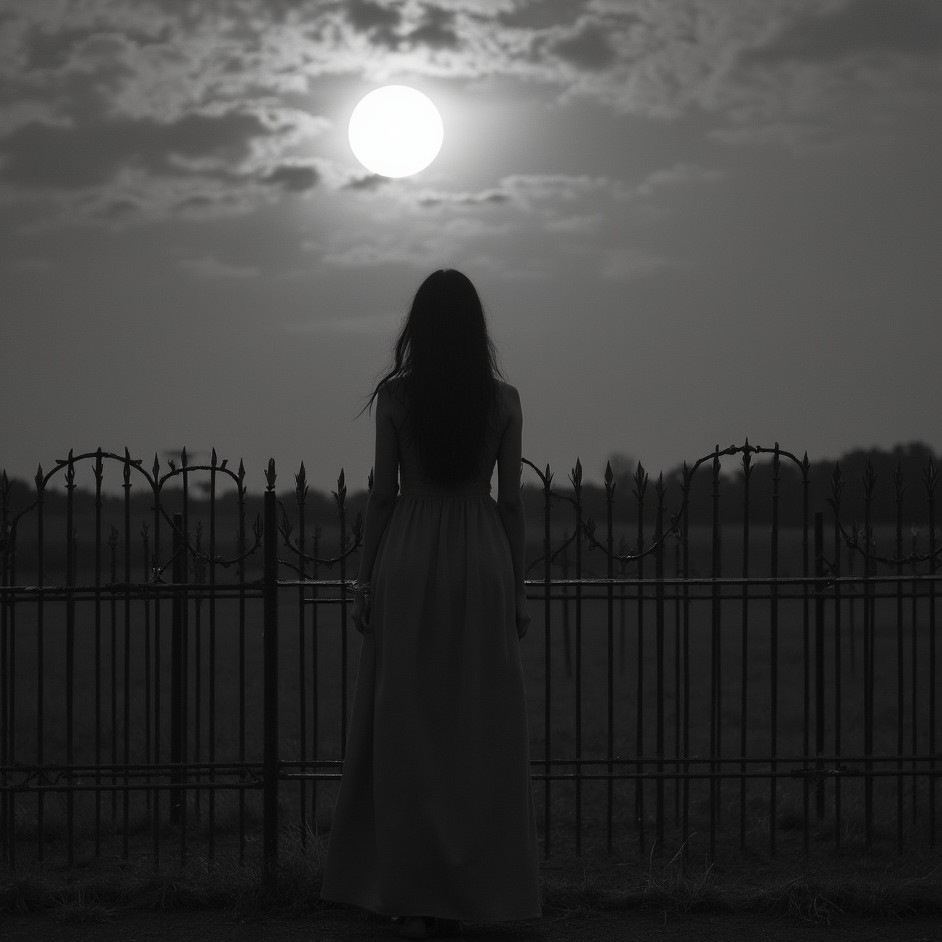 Woman gazing at moon over fence Woman gazing at moon over fence