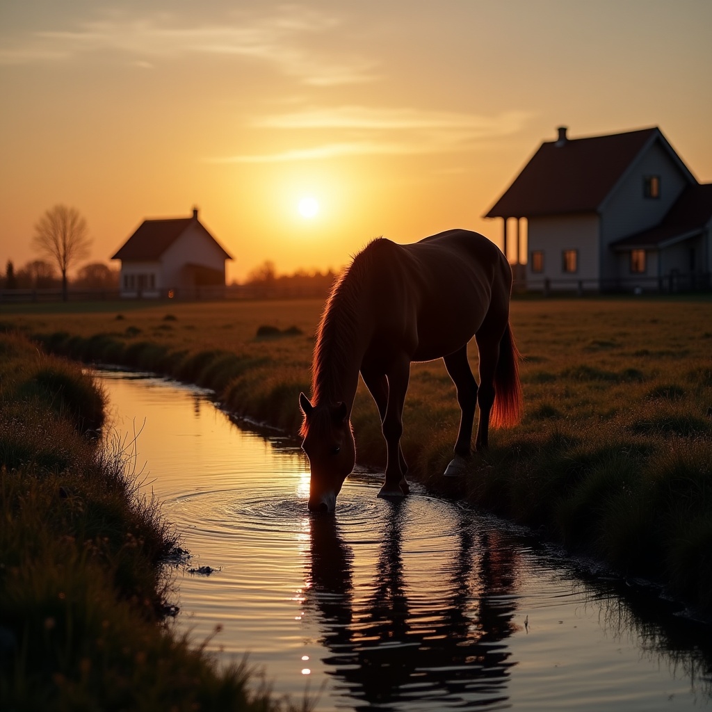 Horse drinking from stream at sunset Horse drinking from stream at sunset
