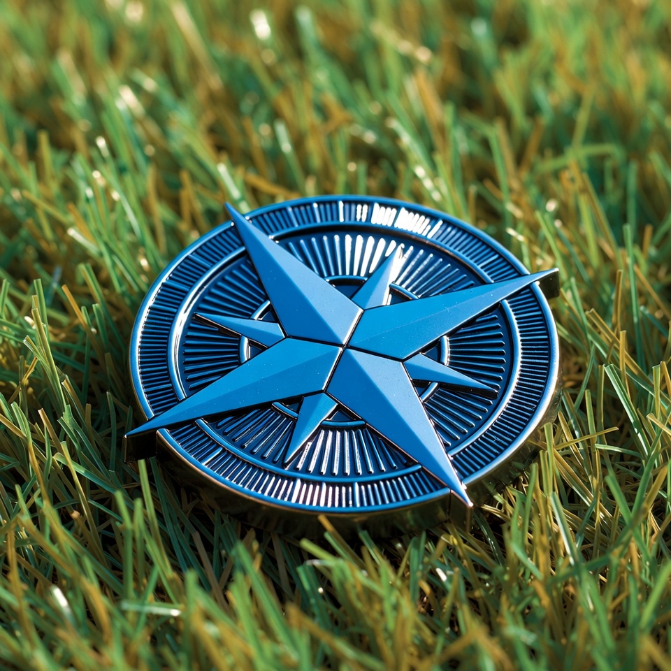 Blue compass on green grass Blue compass on green grass