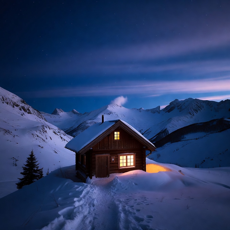 Cozy lit cabin in snowy mountains Cozy lit cabin in snowy mountains