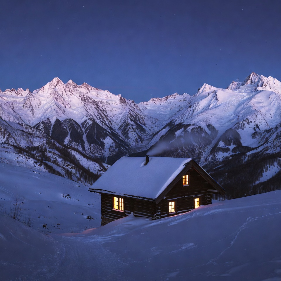 Cozy lit cabin in snowy mountains Cozy lit cabin in snowy mountains