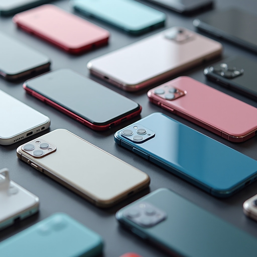Colorful iPhones arranged on gray surface Colorful iPhones arranged on gray surface