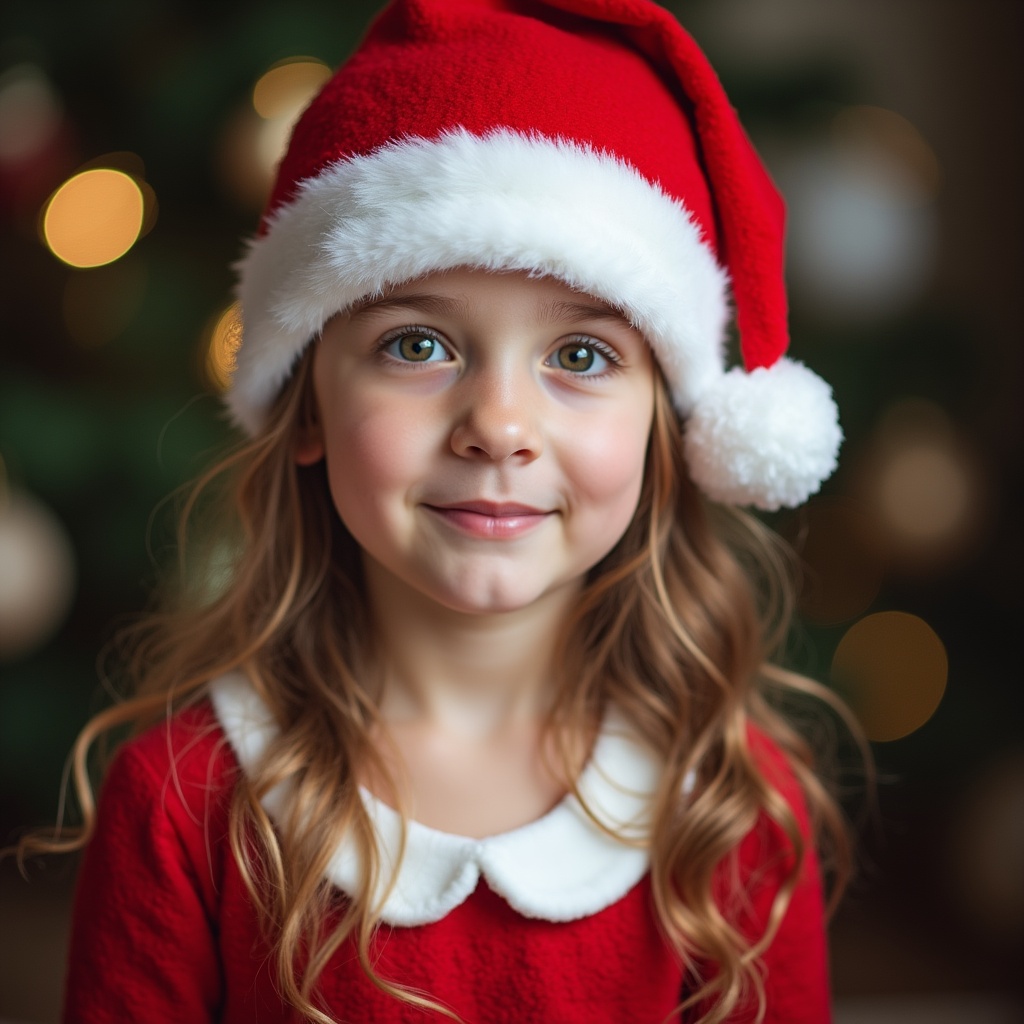 Girl in Santa hat by Christmas tree Girl in Santa hat by Christmas tree