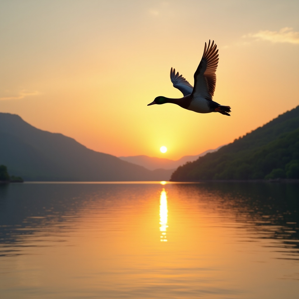 Duck flying over lake at sunset Duck flying over lake at sunset