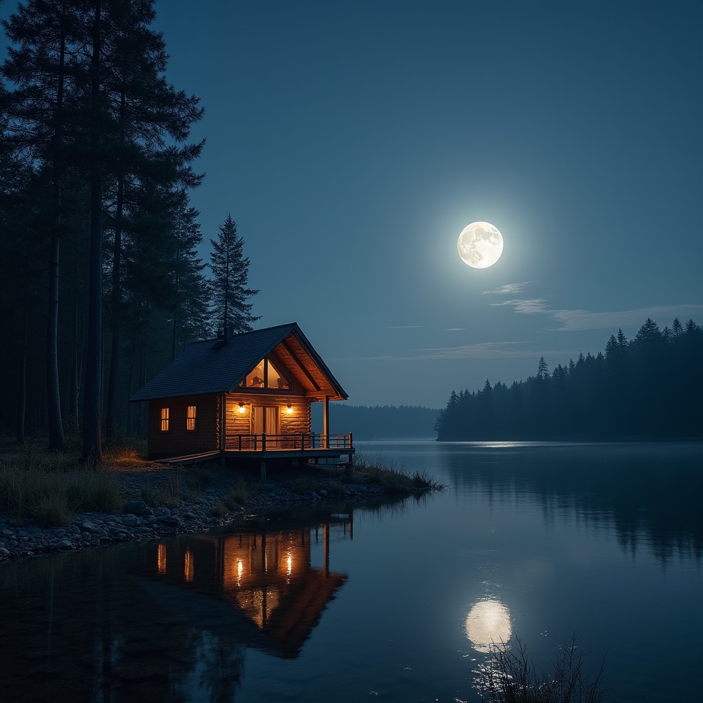 Cozy Cabin by Lake Under Moonlight Cozy Cabin by Lake Under Moonlight