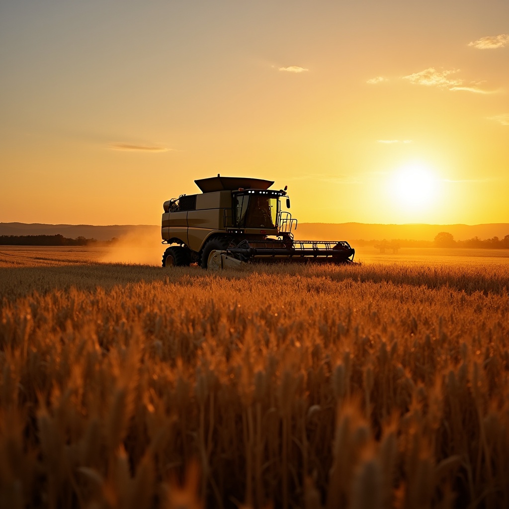 Combine Harvester in Wheat Field at Sunset Combine Harvester in Wheat Field at Sunset