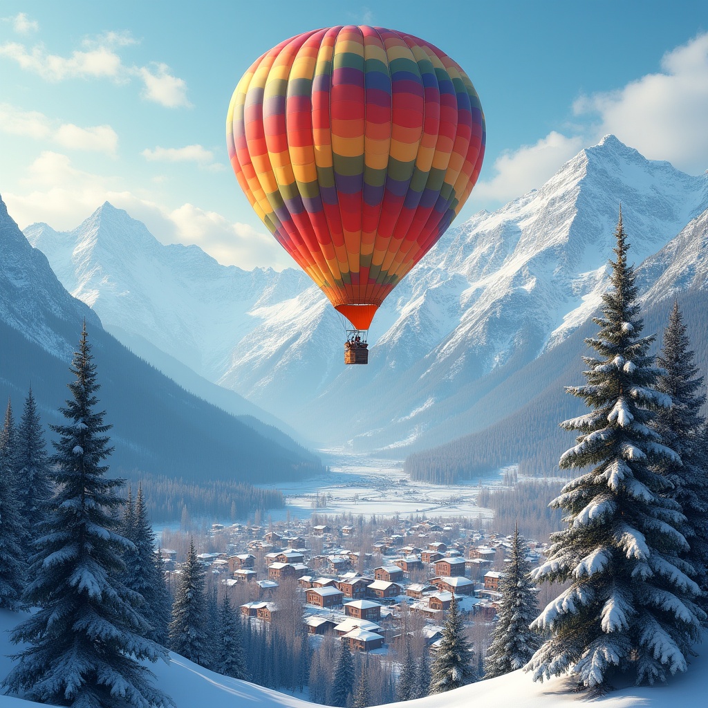 Colorful hot air balloon over snowy mountains Colorful hot air balloon over snowy mountains