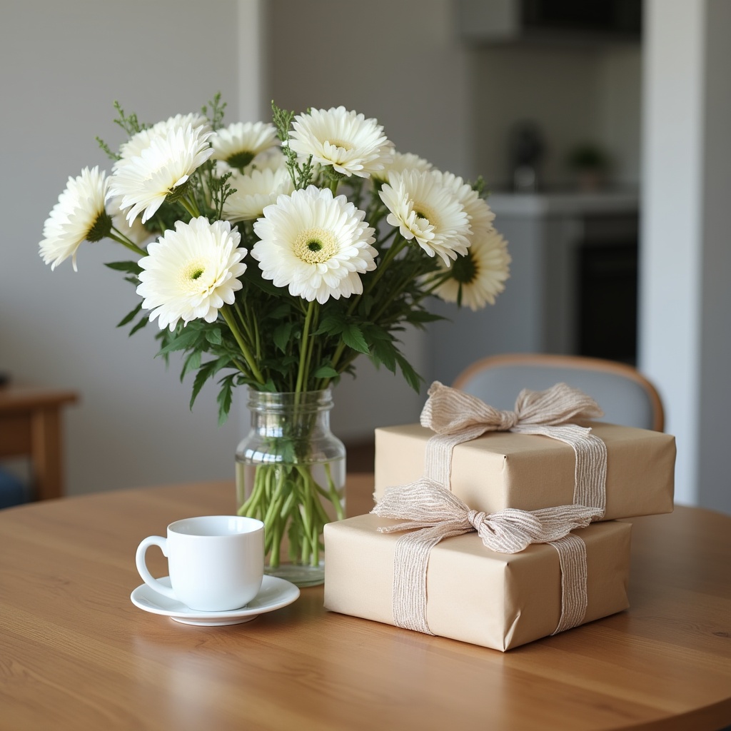 White Daisies with Wrapped Gifts and Teacup White Daisies with Wrapped Gifts and Teacup