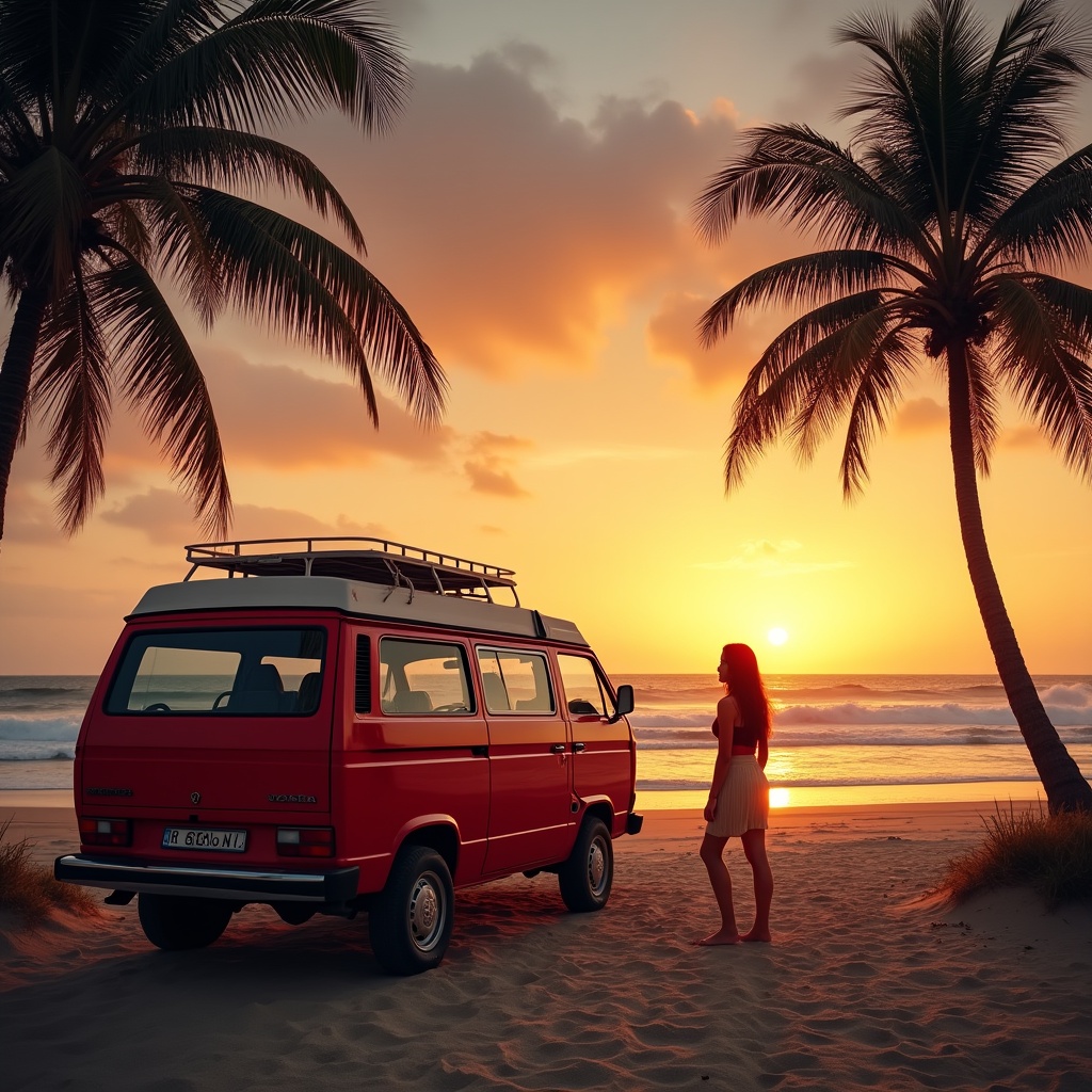 Woman standing by red VW van at sunset beach Woman standing by red VW van at sunset beach