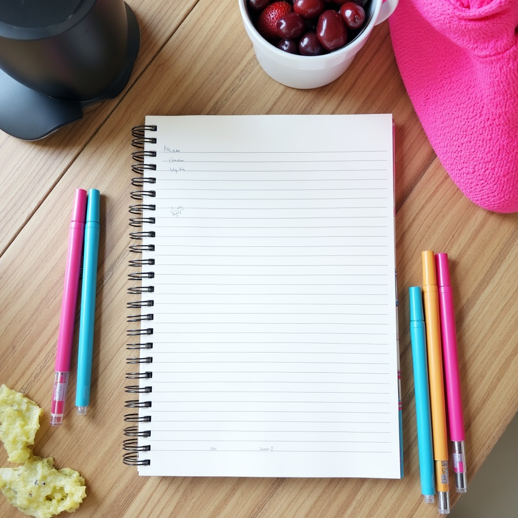 Open notebook with pens and strawberries Open notebook with pens and strawberries