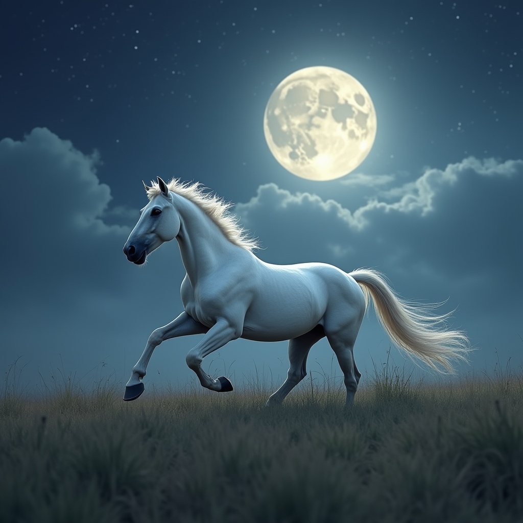 White horse galloping under full moon White horse galloping under full moon
