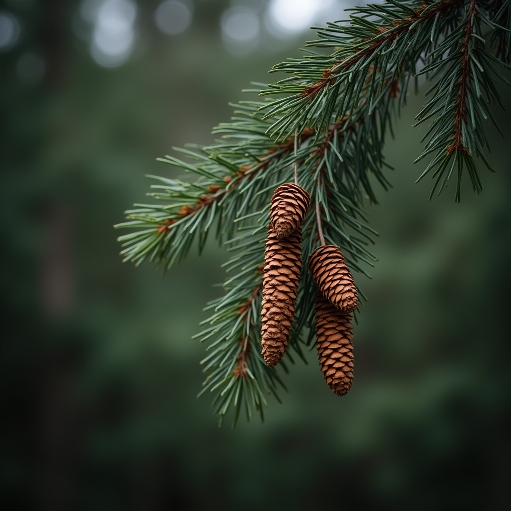 Pine Cones Hanging on Spruce Branch Pine Cones Hanging on Spruce Branch