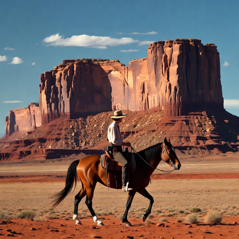 Cowboy riding horse near red rock formations Cowboy riding horse near red rock formations