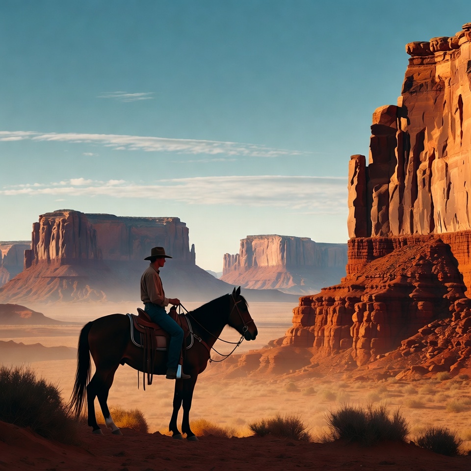 Cowboy riding horse in canyon Cowboy riding horse in canyon