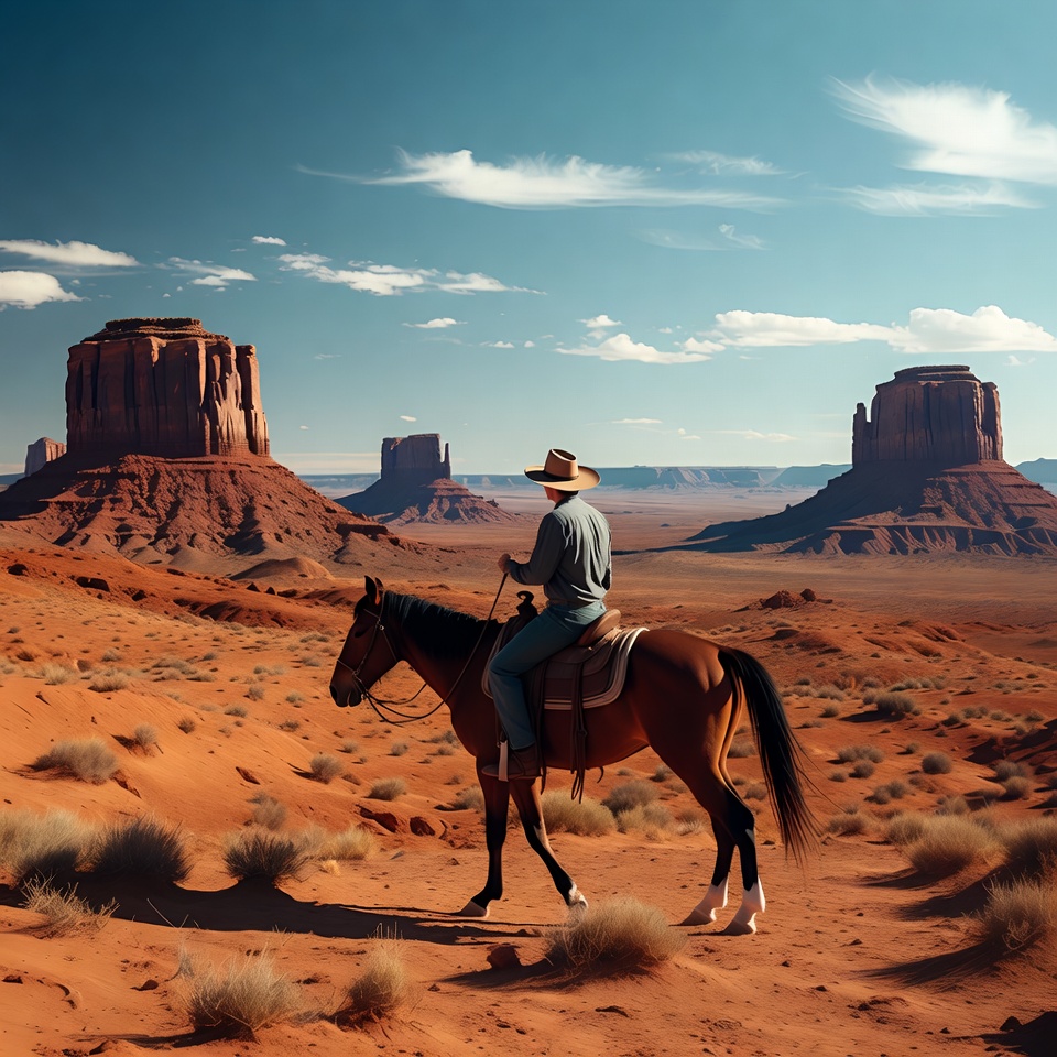 Cowboy riding horse in Monument Valley Cowboy riding horse in Monument Valley