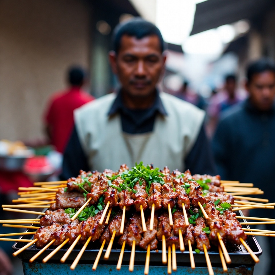 Asian man selling grilled meat skewers Asian man selling grilled meat skewers