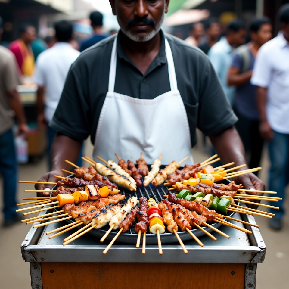Indian man holding skewers at market Indian man holding skewers at market
