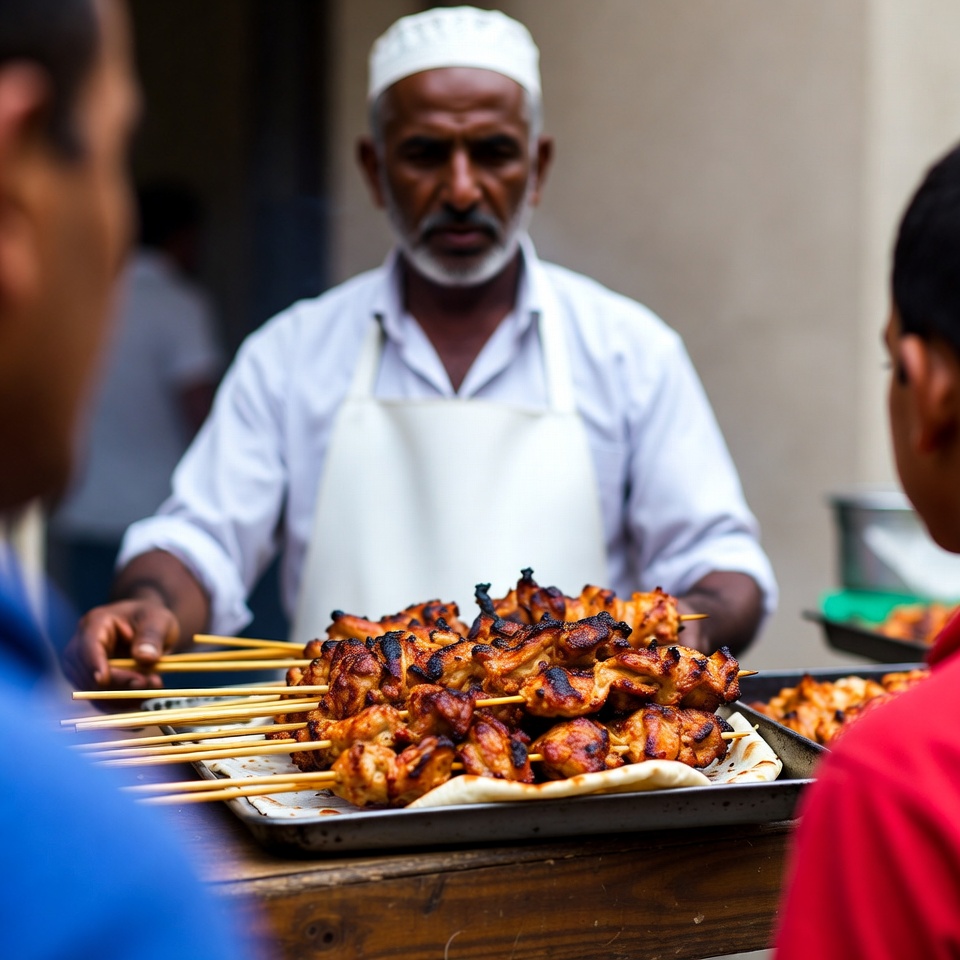 Man selling grilled skewers at street stall Man selling grilled skewers at street stall