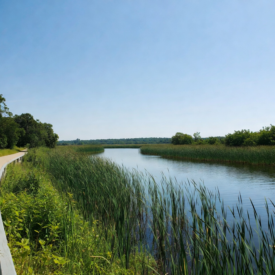 Wooden walkway along marsh river Wooden walkway along marsh river