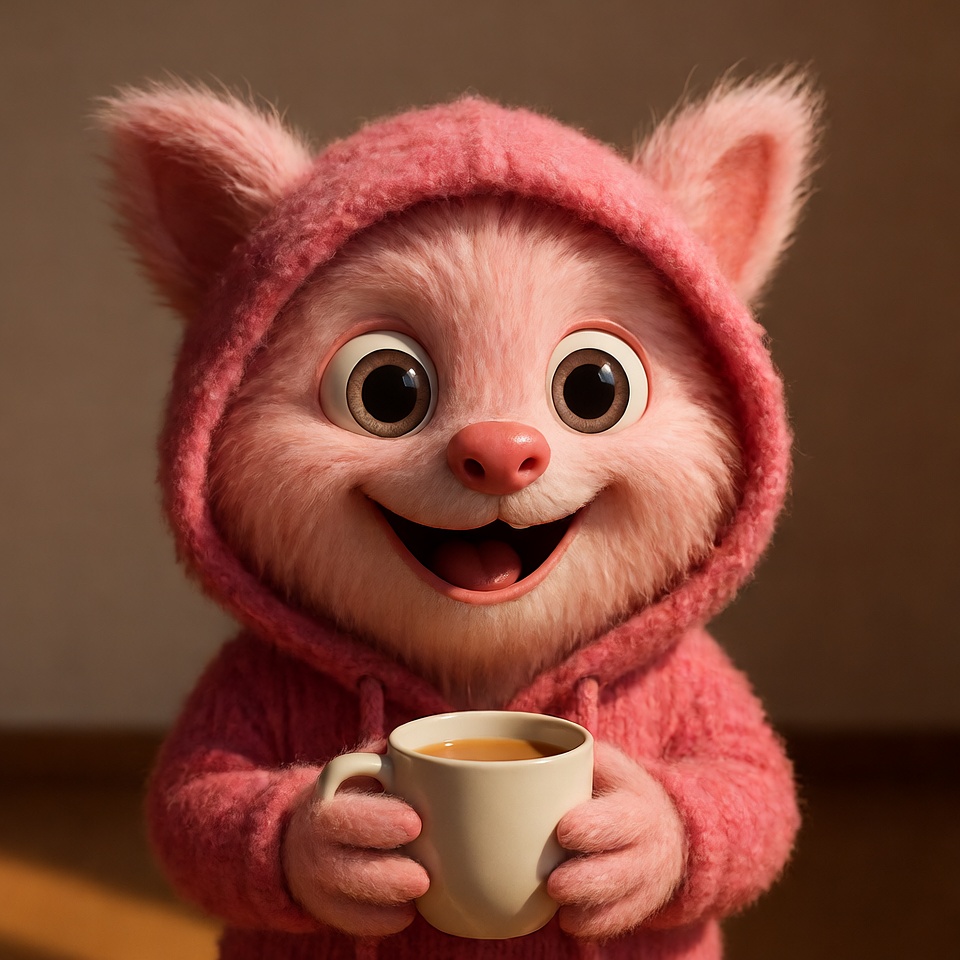 Pink cat in hoodie holding coffee Pink cat in hoodie holding coffee