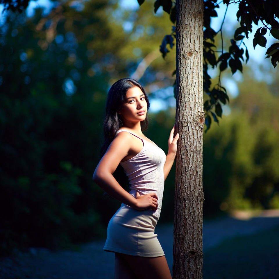 Asian woman leaning against tree Asian woman leaning against tree