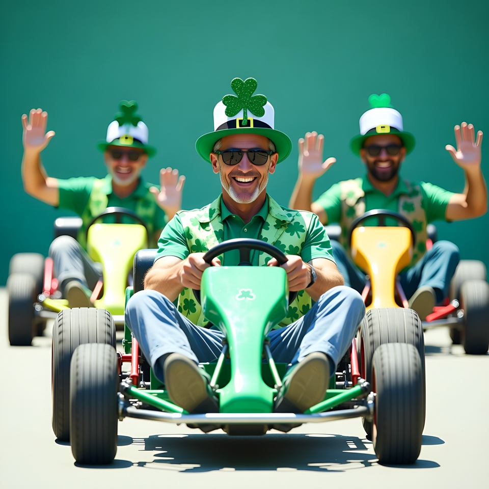 Men racing go-karts on St. Patricks Day Men racing go-karts on St. Patricks Day