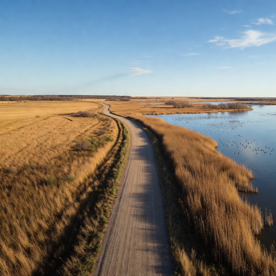 Dirt road through golden reeds and lake Dirt road through golden reeds and lake