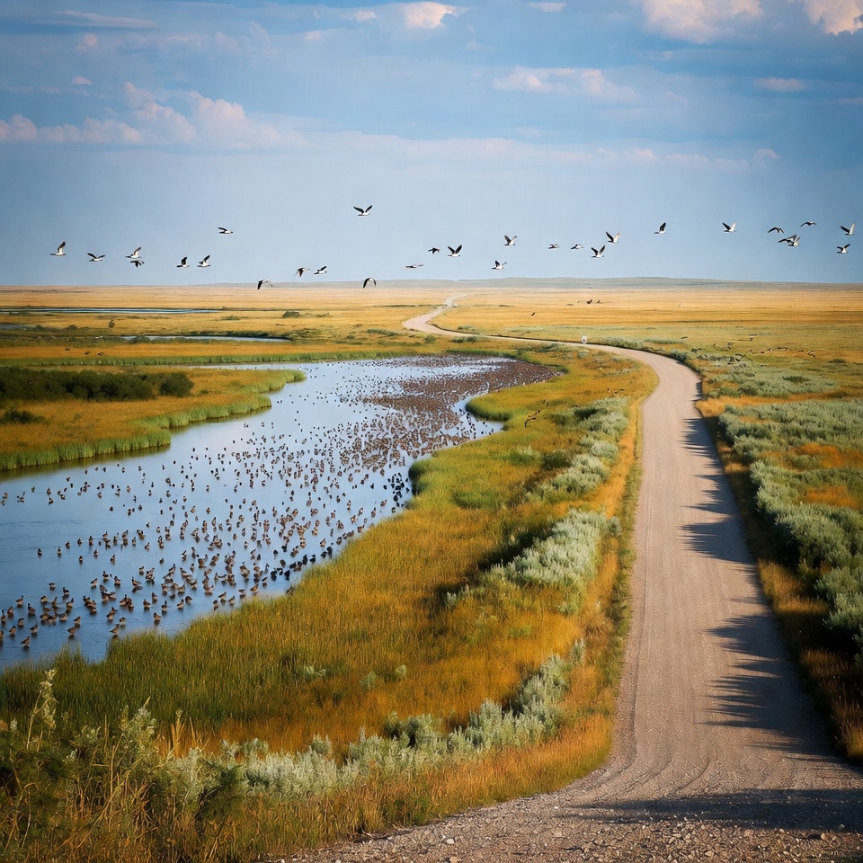 Dirt Road Along Wetland with Birds Dirt Road Along Wetland with Birds