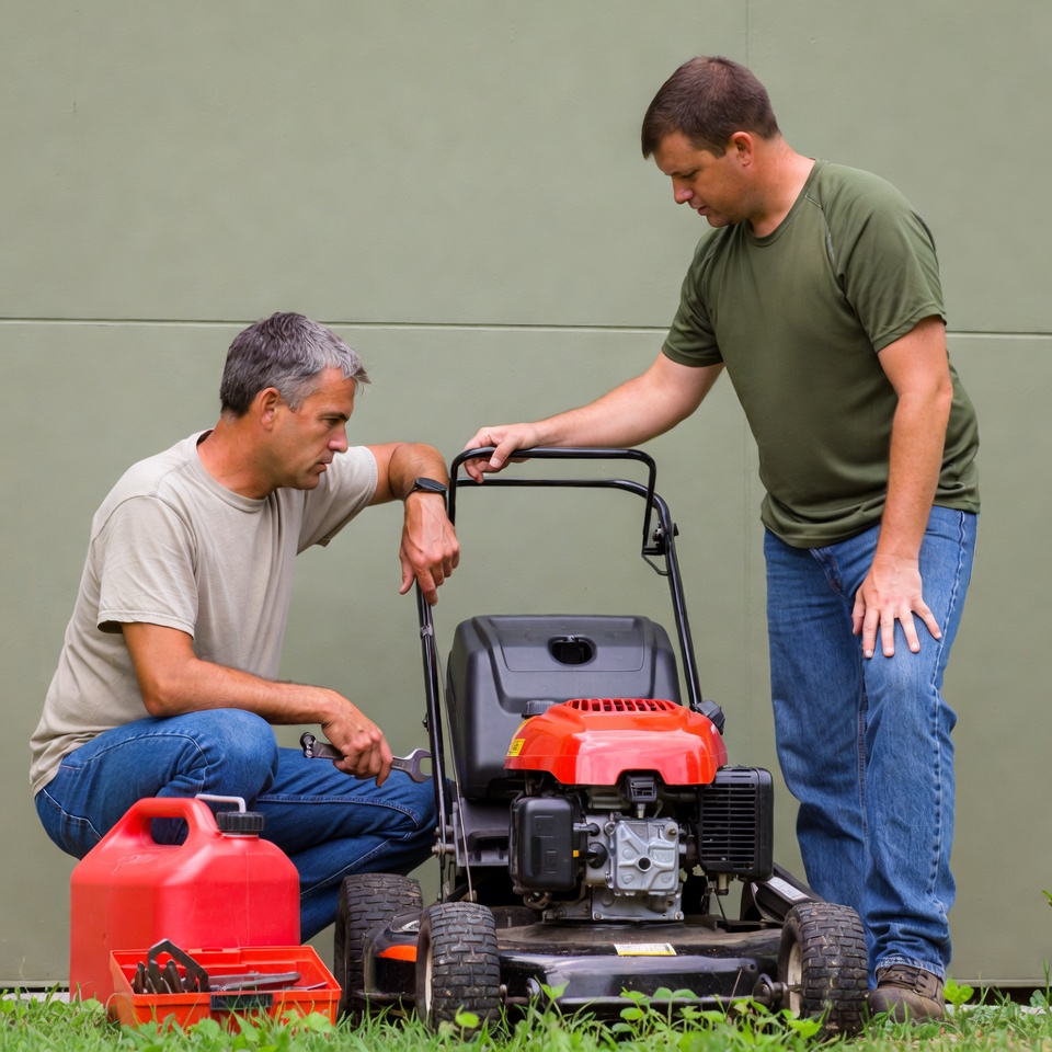 Two men repairing lawnmower outdoors Two men repairing lawnmower outdoors