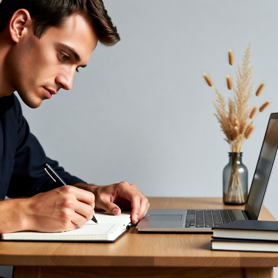 Man writing in notebook at desk Man writing in notebook at desk